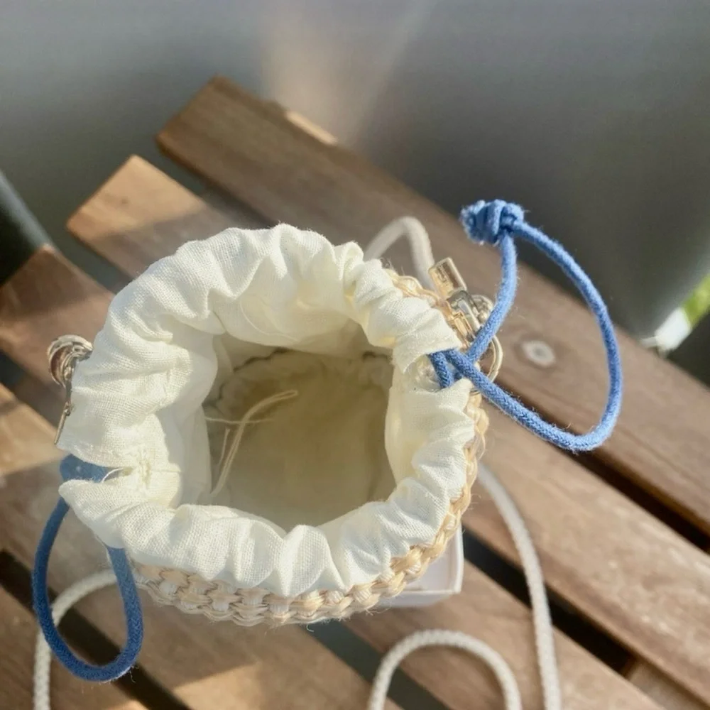 Dior Straw Drawstring Mini Pouch or Mini Bucket Bag in Cream and Blue NWB GWP - Picture 5 of 13